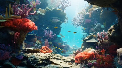 A high-definition image of a colorful coral garden, home to a variety of marine life, including exotic fish and intricate coral formations
