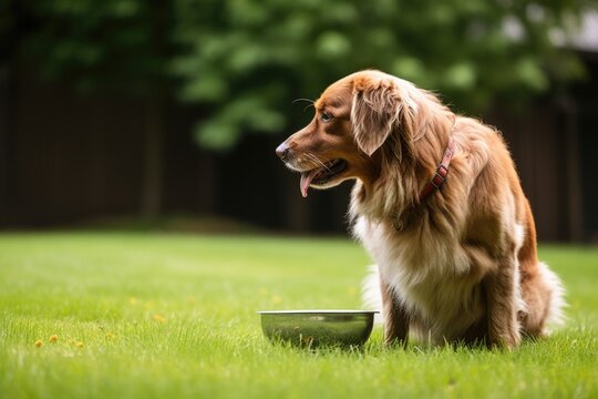 Dog Looking At A Full Food Bowl Without Eating