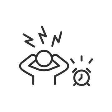 Person gets annoyed by the alarm clock, linear icon. Line with editable stroke
