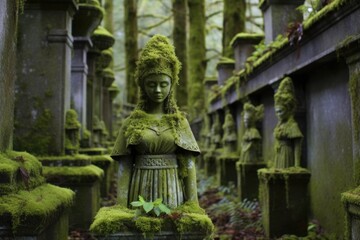 Obraz premium statues among moss-covered gravestones