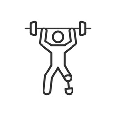 Person athlete with a prosthetic leg lifting a barbell, linear icon. Paralympic sport. Line with editable stroke