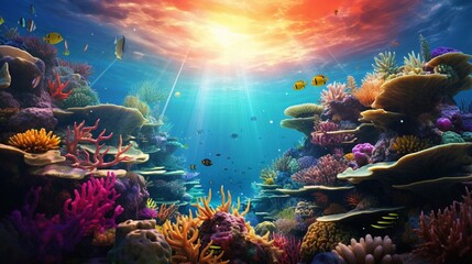 Fototapeta na wymiar A stunning image of a coral garden in shallow waters, illuminated by the warm glow of the sun, showcasing the vibrant colors and intricate patterns of coral and marine creatures