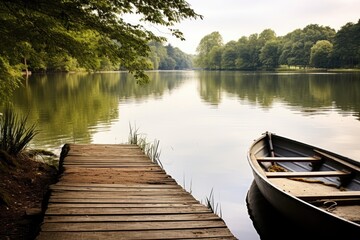 Obraz premium a quiet lake with a rowboat tied to a wooden dock