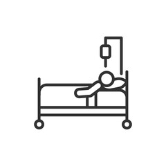 Man in a hospital bed, linear icon. A sick person in the hospital. Bed rest, Dropper. Line with editable stroke