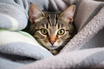 a tabby cat curled up on a comfortable blanket