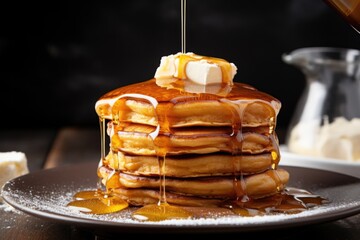 a tower of pancakes topped with melting butter and syrup
