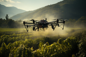 Agriculture drone in action, precisely spraying fertilizer over lush crops. Cutting-edge technology optimizes crop growth. Ai generated - obrazy, fototapety, plakaty