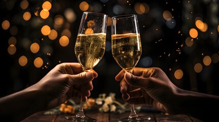 photo of Celebration toast with two champagne glasses. New Yeares Eve. Generative AI - obrazy, fototapety, plakaty