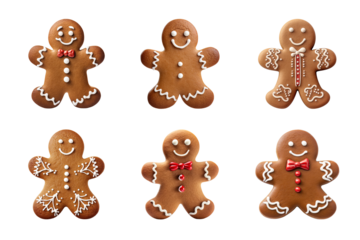 Collection of various gingerbread men cookies isolated on transparent background