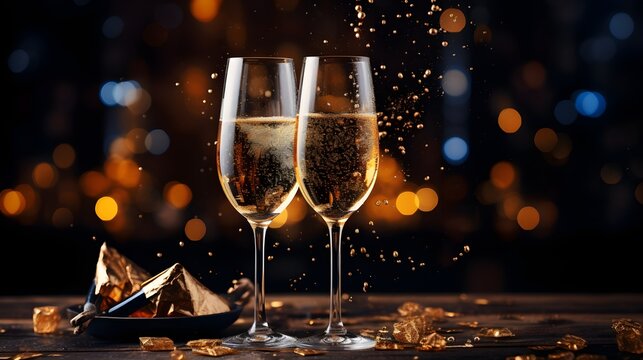 photo of Celebration toast with two champagne glasses. New Yeares Eve. Generative AI