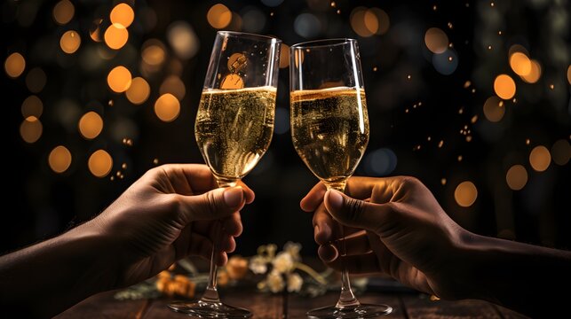 Photo Of Celebration Toast With Two Champagne Glasses. New Yeares Eve. Generative AI