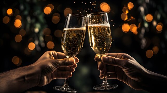 photo of Celebration toast with two champagne glasses. New Yeares Eve. Generative AI