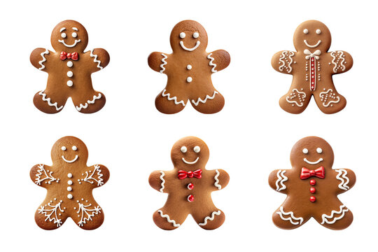 Collection of various gingerbread men cookies isolated on transparent background