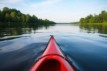 Obraz premium red kayak bow through still lake water