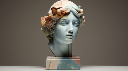 Marble head of a Greek goddess statue on a minimalist background. Pastel tones of baby blue, yellow, mint and soft pink create a serene and ethereal atmosphere.