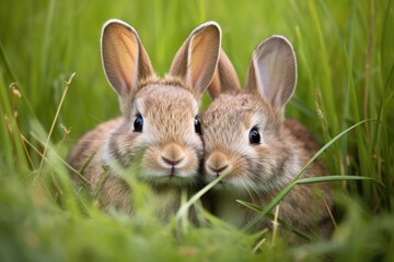 Naklejka na ściany i meble pair of rabbits huddled together in a grassy meadow