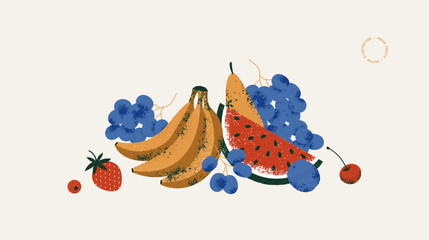 Fruit collection. Fresh fruit composition. Banana with pear and watermelon with grape and berries. Vector illustration