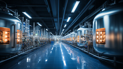 Obraz premium Modern Drug Manufacturing: A high-tech pharmaceutical production facility with rows of stainless steel tanks and machinery.