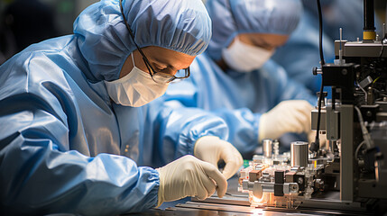Cleanroom Precision: Technicians in sterile cleanroom suits working meticulously on pharmaceutical production lines.