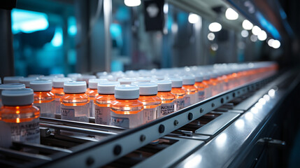 Pills and Capsules: A close-up of automated machines filling capsules and tablets in a pharmaceutical manufacturing plant.