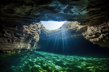 the opening of an underwater cave seen from within - obrazy, fototapety, plakaty