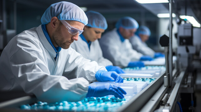 Quality Control: Inspectors examining pharmaceutical products on conveyor belts in a quality control lab.