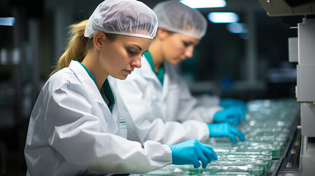 Quality Control: Inspectors examining pharmaceutical products on conveyor belts in a quality control lab.