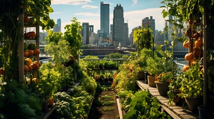 Photo of urban gardening on a roof top in the city. Generative AI - obrazy, fototapety, plakaty