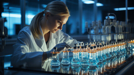 Drug Formulation: Scientists fine-tuning drug formulations in modern laboratories. - obrazy, fototapety, plakaty