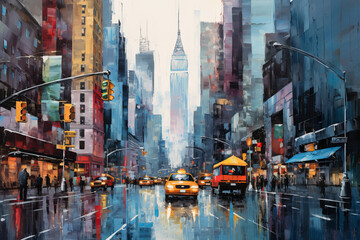 New York City painted in an expressionist impressionist style. thick brush strokes, red and blue style. ideal for tourist office or hotel. horizontal composition - obrazy, fototapety, plakaty