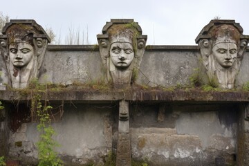 crumbling stone gargoyles on the facade of a derelict chapel