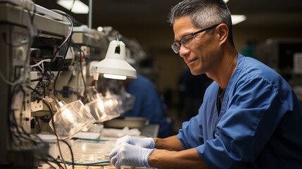 Dental Lab Equipment: A technician using specialized machinery to create dental and prosthetic materials.