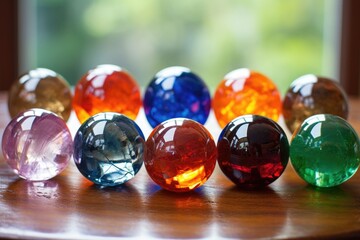 close-up of crystal balls revealing different chakra colors