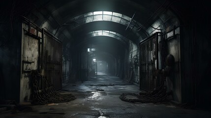 the dead zone, in the style of post-apocalyptic imagery, dreary and grotesque appearance of a closed prison, a psychiatric ward. generative AI