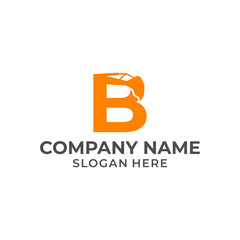 Letter B logo with excavator arm. B excavator logo template, hydraulic logo initials