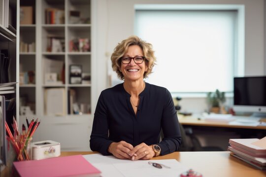 Portrait of mature businesswoman sitting at desk in office and smiling