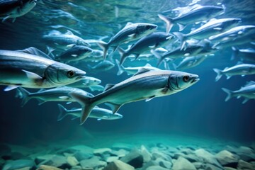 Naklejka premium a group of fish swimming in unison with one fish swimming alone