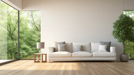Fototapeta na wymiar View of living room in minimal style with white sofa