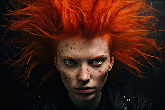 A striking portrait of a red-haired model with a modern, spooky, and terrifying Halloween costume, exuding a sense of evil and fear.