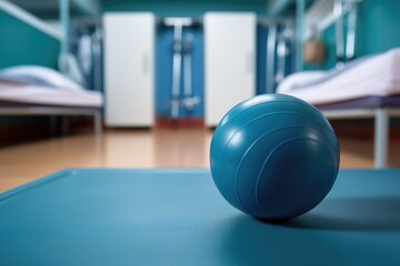 medical rubber ball next to a fitness mat
