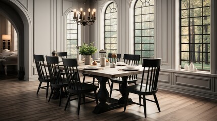 Elegance a contemporary farmhouse dining room with a touch of sophistication.