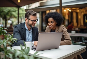 Portrait of a young business man and woman sitting at a table in a cafe and working on a laptop - obrazy, fototapety, plakaty