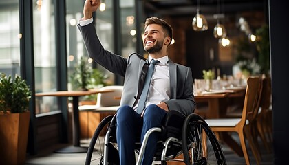 happy businessman in wheelchair with raised hand in cafe, business success concept