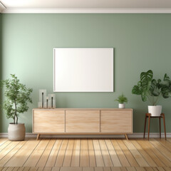 Generative AI,Mock up poster frame on green wall in living room. 3d render