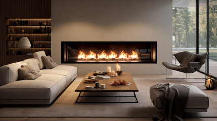 Fireplace on white wall in modern apartment