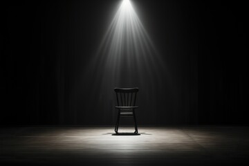 Empty chair in a dark room in the rays of a spotlight. - obrazy, fototapety, plakaty