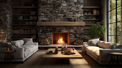 Fireplace on white wall in modern apartment