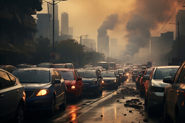Polluted city with chaotic traffic, highlighting the hazardous environmental impact of vehicles congestion and air pollution. Ai generated - obrazy, fototapety, plakaty