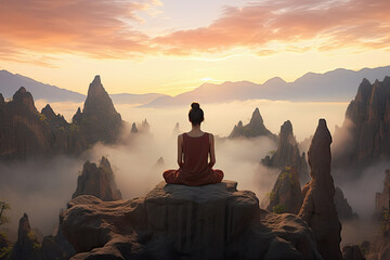 mujer sentada meditando en posición de yoga sobre piedra en la cima de una montaña al  atardecer sobre picos y nubes - obrazy, fototapety, plakaty