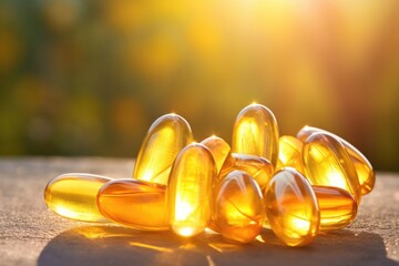 several vitamin d capsules on a natural sunlight background - obrazy, fototapety, plakaty